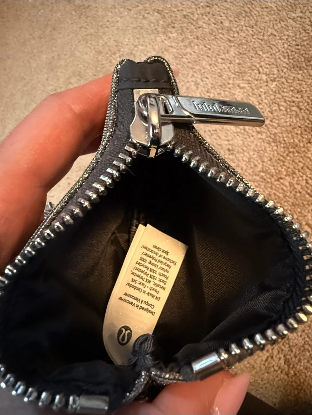 lululemon athletica Black/Gray Wristlet Key Pouch with Silver Glitter Card Case